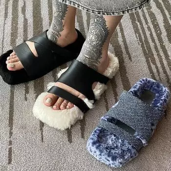 Тапочки из плюша с открытым носком, простая и толстая подошва, универсальные для внешнего ношения, туфли из плюша One Step 35 бежевый