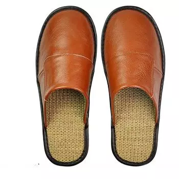 Тапочки из спилка и льна. Кожаные тапочки на весну и осень. Домашние тапочки для мужчин и женщин. Домашние бесшумные тапочки. 25 чёрный