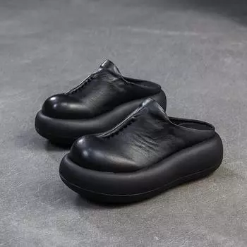 Тапочки Johnature на толстой подошве из натуральной кожи с круглым носком, универсальные женские туфли на плоской платформе 35 чёрный