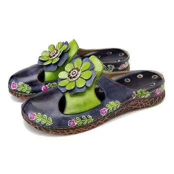 Тапочки Johnature в стиле ретро, расписанные вручную, шлепанцы из натуральной кожи, универсальные женские удобные туфли на плоской подошве 36 зелёный