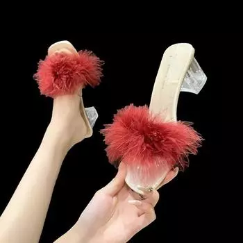 Тапочки, Летние туфли на высоком каблуке, Толстые каблуки, Однотонные тапочки, Волосатая обувь, Женская обувь 35 бордовый