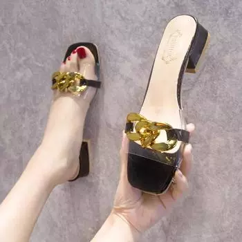 Тапочки Летняя обувь для женщин Сандалии Элегантные женские шлепанцы на среднем каблуке Повседневная мода Сексуальные прозрачные домашние платья 35 бежевый