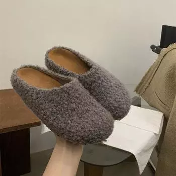 Тапочки Mao Mao Baotou, женская одежда, полуторч, 2025, мягкая подошва, флис, ретро, уродливые, милые, универсальные, Boken Tide 35 абрикосовый