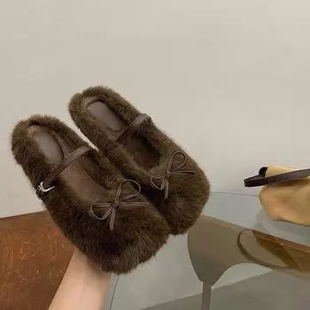 Тапочки Mao Mao, сумка, голова, половина лотка 2024, осень-зима, новая верхняя одежда с плоским дном, бархат, теплый, Мэри Джейн, мягкий низ, половина таскания, прилив 35 белый