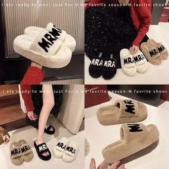 Тапочки Мао Мао, женская одежда 2024 года, новые туфли Мао Мао на толстой подошве с надписью, высококачественные женские модные иностранные хлопковые тапочки 35 бежевый