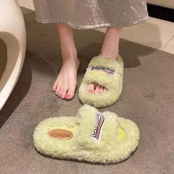 Тапочки Mao Mao, женская верхняя одежда 2025 года, новые вышитые буквы, толстая подошва, осенне-зимние тапочки из овечьей шерсти с плоским дном и одним словом 35 чёрный