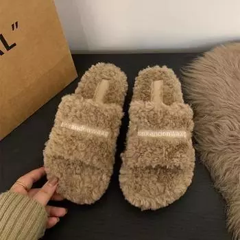 Тапочки Mao Mao женская верхняя одежда осень и зима новые с толстым дном универсальные теплые одно слово мех ягненка мех интегрированный Mao Mao перетаскивание 35 чёрный
