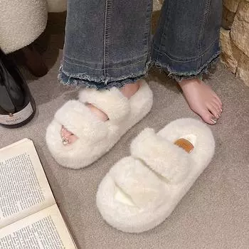 Тапочки Mao Mao женские 2025 года, верхняя одежда на осень и зиму, теплые тапочки с толстым дном, односложные, плюшевые, повседневные тапочки из хлопка с двойным ремнем 34 розовый