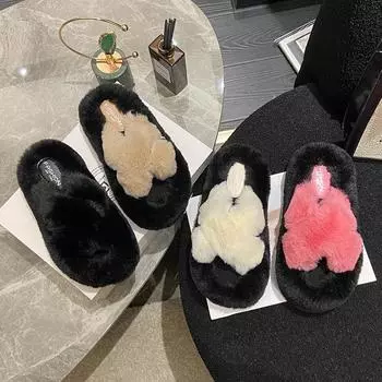 Тапочки Mao Mao женские Mao Mao верхняя одежда 2024 зимняя домашняя толстая подошва усовершенствованная цветовая гамма открытый носок крест одно слово перетащить 35 чёрный