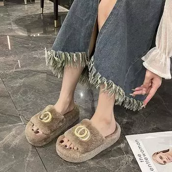 Тапочки Мао Мао женские новые осенне-зимние теплые домашние тапочки с толстой подошвой Тапочки Мао Мао Интернет знаменитости корейская версия домашние плюшевые тапочки 35 хаки