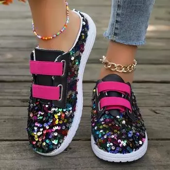 Тапочки-мешки большого размера с блестками в виде сумки на голову 2024 года, весна и осень, новые женские повседневные эластичные тапочки с толстой подошвой и плоским дном 36 чёрный