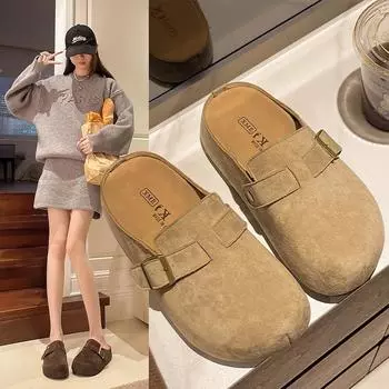 Тапочки-мешки с плоским дном и пряжкой на ремне, женские летние новые модные и удобные тапочки-мешки с мягким дном и толстым дном 35 коричневый