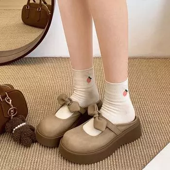 Тапочки-мешки с толстой подошвой и бантом в стиле ретро для женщин, летняя одежда 2025 года, новые полутапочки Мэри Джейн с одной педалью 35 хаки