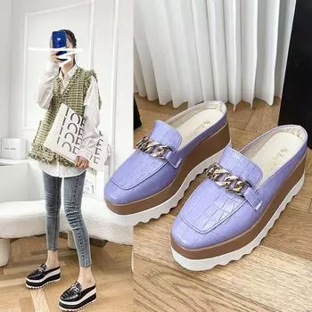 Тапочки-мешки с толстым дном и наклонным каблуком, женская верхняя одежда 2024 года, новые осенние повседневные тапочки большого размера без каблука с цепочкой 35 белый