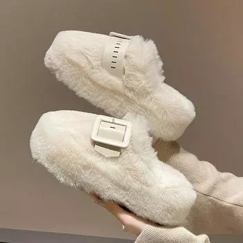 Тапочки-мешки с толстым дном женские 2024 года, новая пряжка для ремня, швабра Mao Mao, модный темперамент, хлопковая швабра, прилив 35 чёрный