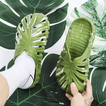 Тапочки Monstera для мужчин Тапочки с пальмовыми листьями Нескользящие пляжные тапочки для ванной Шлепанцы с тропическими листьями Летние тапочки-подушки 35 бежевый