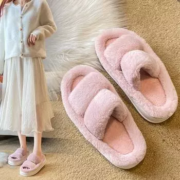 Тапочки Мягкая зимняя обувь Тапочки женские Шлепанцы на меху Платформа Флок Мода Комфорт 2024 Плоский плюш 36 чёрный