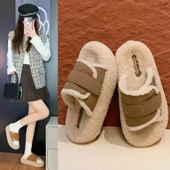 Тапочки Мягкие тапочки Женские флоковые шлепанцы Резиновые шлепанцы 2024 Новая зимняя обувь Меховые шлепанцы Комфорт Гавайский плюш 35-40 35