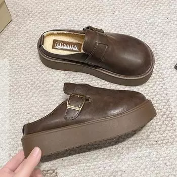 Тапочки Muffin из бархата с толстой подошвой и одной педалью, женская верхняя одежда, зимняя, новая, британская, в стиле ленивый мешок, полутапочки 35 чёрный