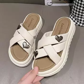 Тапочки Muffin с толстой подошвой, женская верхняя одежда, лето 2025, новая корейская версия, тапочки с перекрестными ремешками и одним иероглифом, женская тенденция 35 чёрный