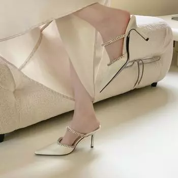 Тапочки Muller со стразами на высоком каблуке, женская обувь 2024 года, туфли на тонком каблуке с острым носком 35 белый