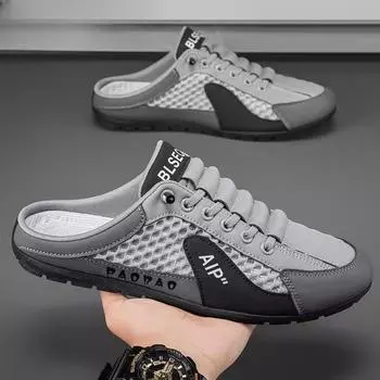 Тапочки мужские летние верхняя одежда дышащая сетка одна педаль полуподдержка без каблука повседневные пляжные сандалии источник 39