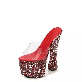 Тапочки на каблуке для ночного клуба на платформе 18 см, женские подиумные сандалии со стразами 34 чёрный