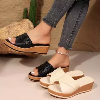 Тапочки на каблуке с наклоном, женские, большого размера, сандалии с толстой подошвой 36 чёрный