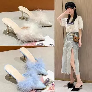 Тапочки на каблуке, женская обувь, женские туфли-лодочки, однотонные летние женские шлепанцы из флока с острым носком без шнуровки на меху, на высоком каблуке 34 бежевый