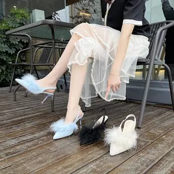 Тапочки на каблуке, женская обувь, женские туфли-лодочки, однотонные летние женские шлепанцы из флока с острым носком без шнуровки на меху, на высоком каблуке 34 бежевый