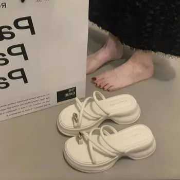 Тапочки на платформе Женская одежда Лето 2024 новые французские туфли с перекрестным носком на высоком каблуке пляжные римские сандалии ультра-огненные шлепанцы 35 чёрный