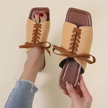 Тапочки на плоской подошве, модная женская обувь на шнуровке, весенне-летние сандалии, новые трендовые повседневные шлепанцы, платье, пляжные шлепанцы Mujer 40 чёрный