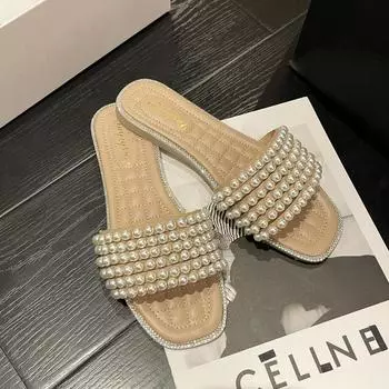 Тапочки на плоской подошве со стразами и жемчугом, женская летняя обувь 2024 года, повседневные домашние тапочки с квадратным носком, черные женские шлепанцы, шлепанцы 35 бежевый