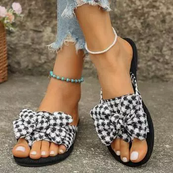 Тапочки на плоской подошве женские с круглым носком тканевая поверхность легкие и удобные клетчатые тапочки с узором «тысяча птиц» классные пляжные тапочки 36 чёрный