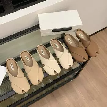 Тапочки на плоской подошве женские весна-лето 2025 года, новая верхняя одежда, ниша, мода высокого класса, универсальные, на низком каблуке, классные тапочки с сумкой на голове 35 абрикосовый