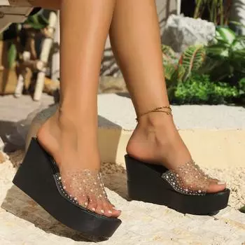 Тапочки на покатом каблуке женская летняя одежда стразы прозрачные высокие каблуки водонепроницаемые туфли на платформе модная женская обувь мода 35