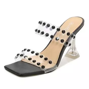 Тапочки на шпильке с квадратным носком и открытым носком, женская обувь с прозрачными кристаллами 35 чёрный