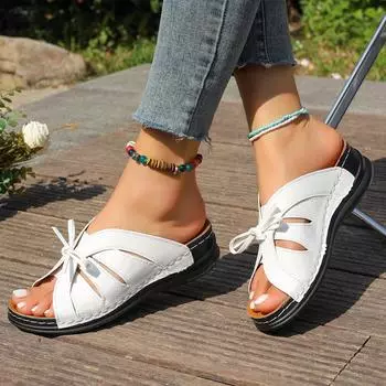 Тапочки на танкетке больших размеров с бантом, новые однотонные тапочки с открытым ртом «рыбий рот» 36 белый