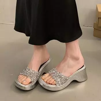 Тапочки на танкетке, женская летняя обувь, женские сандалии с кристаллами, повседневные уличные тапочки, пляжные сандалии, zapatos mujer 39 золотой