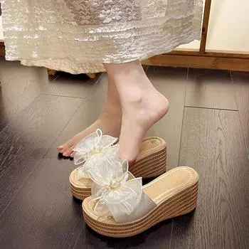 Тапочки на танкетке, женская обувь на платформе, женские шлепанцы, летние шлепанцы с цветочным узором, толстый высокий каблук, бежевые, черные женские туфли, женские туфли размера плюс Si 35