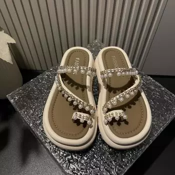 Тапочки на танкетке женские летние 2024 года блестящие сандалии на платформе с кристаллами женские легкие шлепанцы для улицы Slide zapatos de mujer 35 чёрный