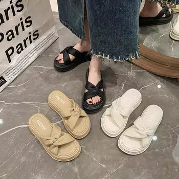 Тапочки на толстой подошве для женщин, лето 2024 года, новые повседневные однотонные тапочки с фактурной подошвой, увеличивающие высоту голени, для женщин 35 хаки