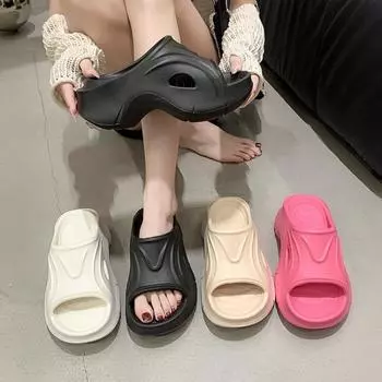 Тапочки на толстой танкетке для женщин, лето 2024, ортопедические сандалии на толстой платформе, женские модные шлепанцы из ЭВА для отдыха на природе 36-37 бежевый