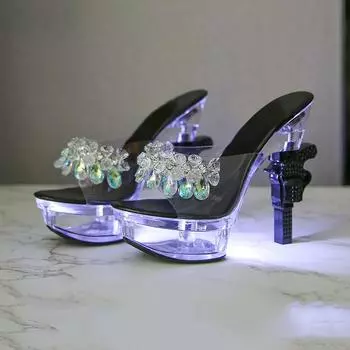 Тапочки на толстом каблуке с кристаллами и светящимися бусинами на платформе 34 чёрный