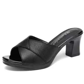 Тапочки на высоком каблуке, новые, на толстой подошве, с толстым каблуком и перекрестным носком, повседневные, удобные, открытые, сандалии, повседневные, белые тапочки для женщин 35