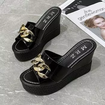 Тапочки на высоком каблуке с цепочкой, женские свадебные туфли, летние белые, черные шлепанцы на платформе, женские пляжные тапочки 4