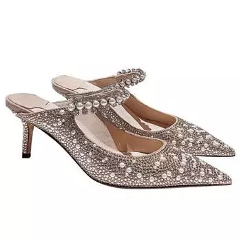 Тапочки на высоком каблуке с жемчугом, женская летняя новая модная обувь с блестящими стразами, тапочки с острым носком и жемчугом, модная обувь для вечеринок 34