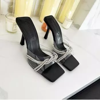 Тапочки на высоком каблуке. Женская обувь. Летние товары. Роскошные сандалии со стразами. Прозрачные босоножки на шпильке с квадратной головкой из ПВХ. 36 чёрный