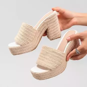 Тапочки на высоком каблуке Женские босоножки на танкетке из пеньковой веревки с толстой подошвой Тапочки из плетеной травяной веревки Водонепроницаемые туфли на платформе с высоким каблуком 35