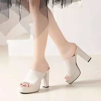 Тапочки на высоком каблуке, женские летние новые босоножки с открытым носком, тапочки, женская обувь на платформе, сексуальные шлепанцы на толстом каблуке высотой 10,5 см 34 бежевый